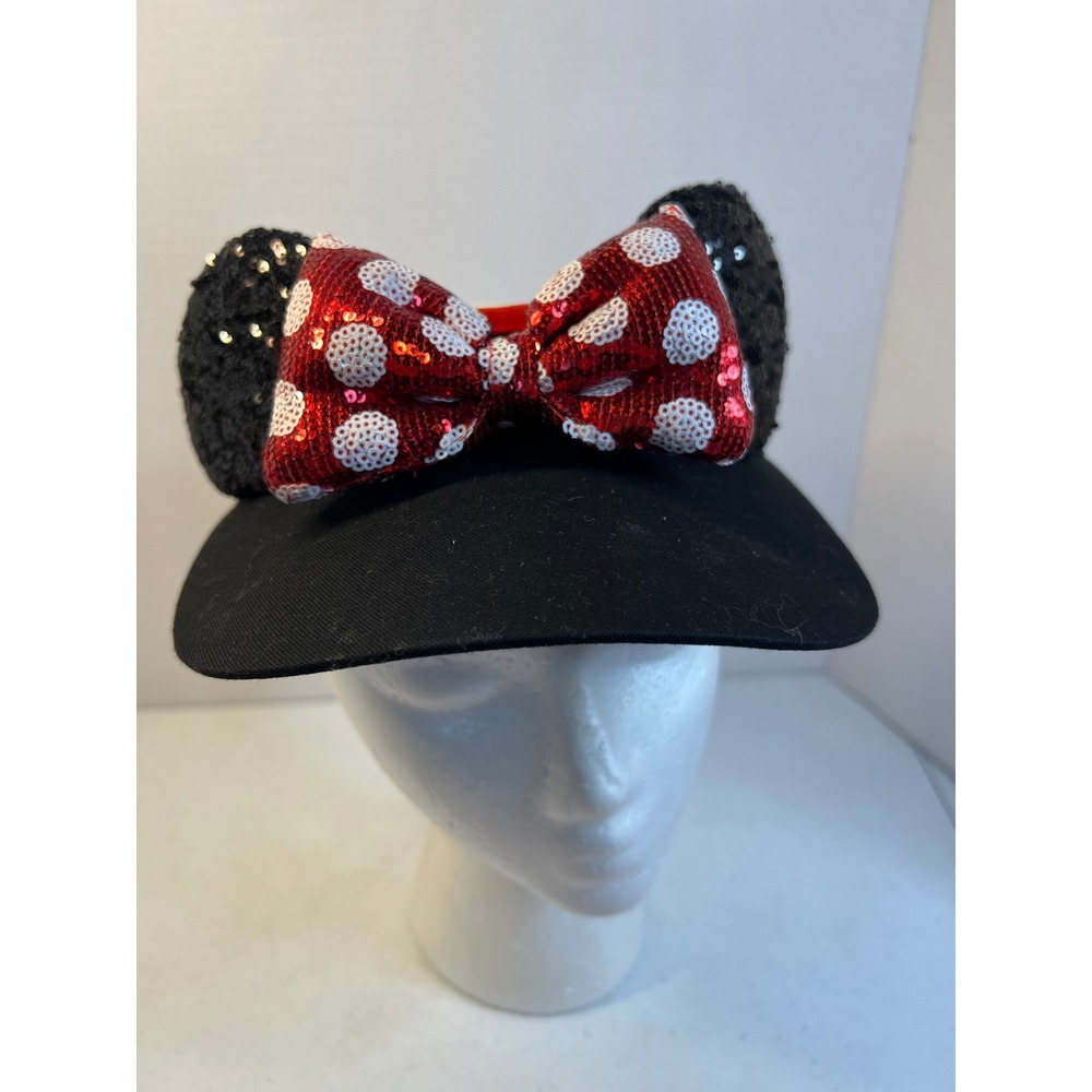 Disney Parks Minnie Mouse Sequin Ear Visor Black Red Polka Dot Bow Adjustable